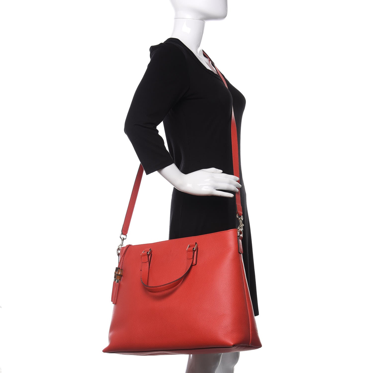 Gucci Calfskin Large Bamboo Tassel Top Handle Tote Red 2 of 10