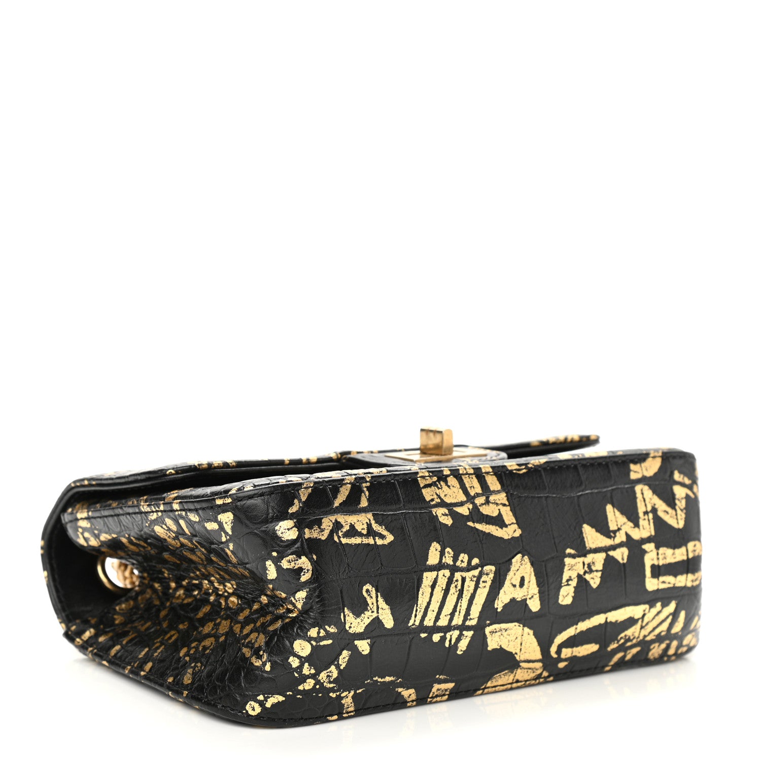 Chanel Calfskin Crocodile Embossed Graffiti 2.55 Mini Cocodile Reissue Flap Black Gold 4 of 11