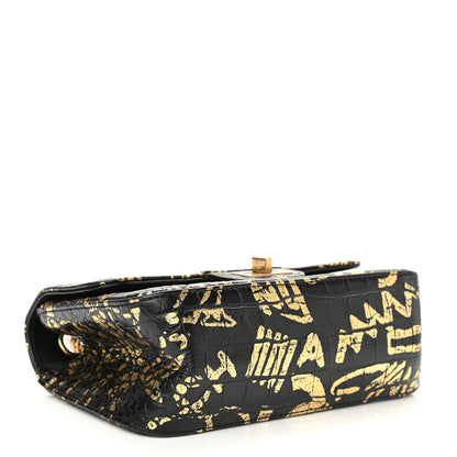 Chanel Calfskin Crocodile Embossed Graffiti 2.55 Mini Cocodile Reissue Flap Black Gold 4 of 11