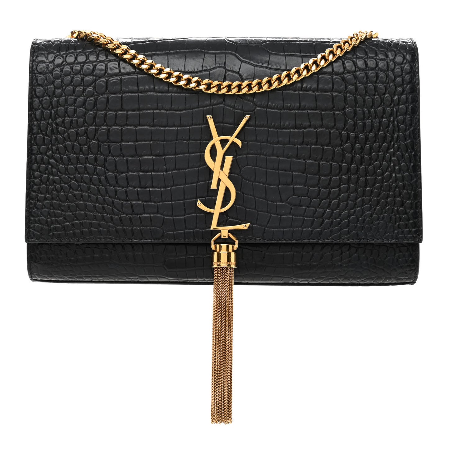 Calfskin Crocodile Embossed Medium Classic Monogram Kate Tassel Satchel Blue Sapphire