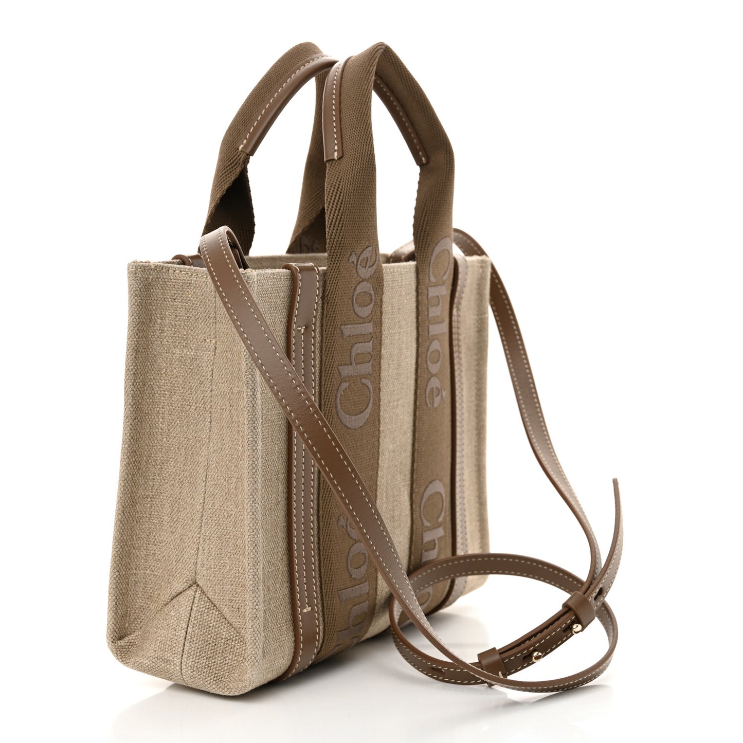 Linen Calfskin Small Woody Ribbon Tote With Strap Dark Nut