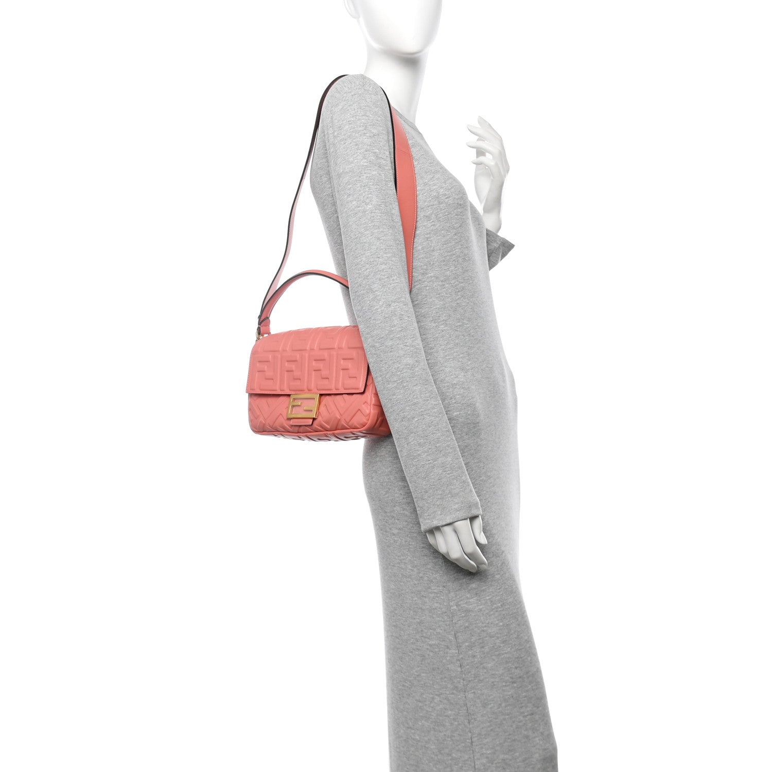 Fendi Nappa FF 1974 Embossed Baguette Rosa Pesca 2 of 10