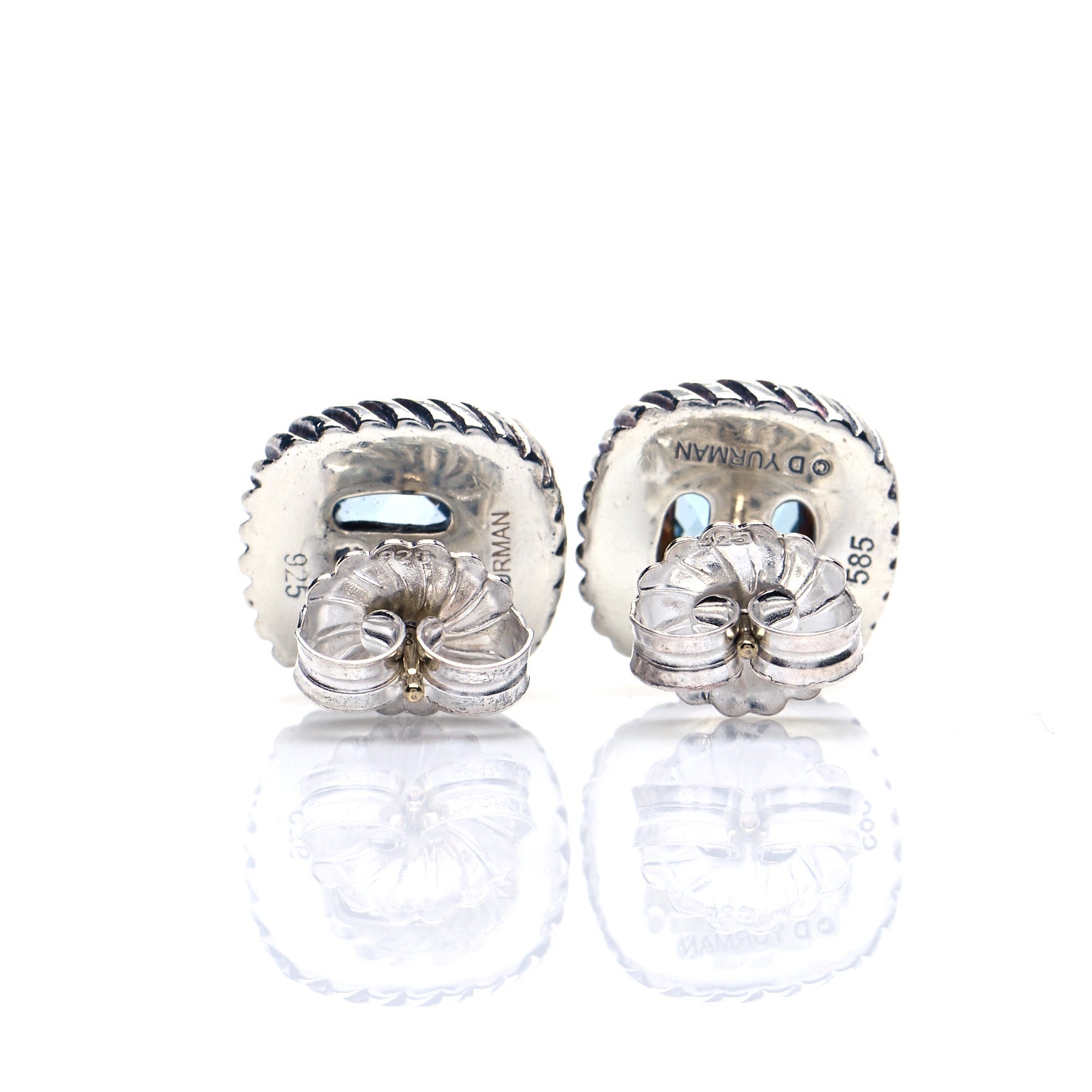 David Yurman Sterling Silver 14K Yellow Gold Blue Topaz 7mm Albion Earrings 3 of 4