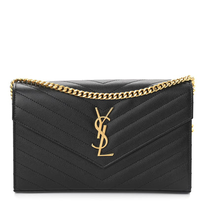 Saint Laurent Grain De Poudre Matelasse Chevron Monogram Chain Wallet Black 1 of 9