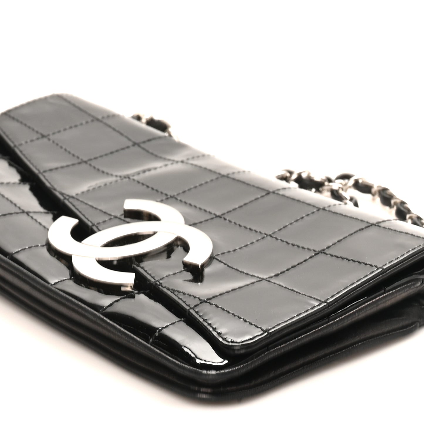 Patent Quilted Diagonal CC East West Chocolate Bar Flap Black