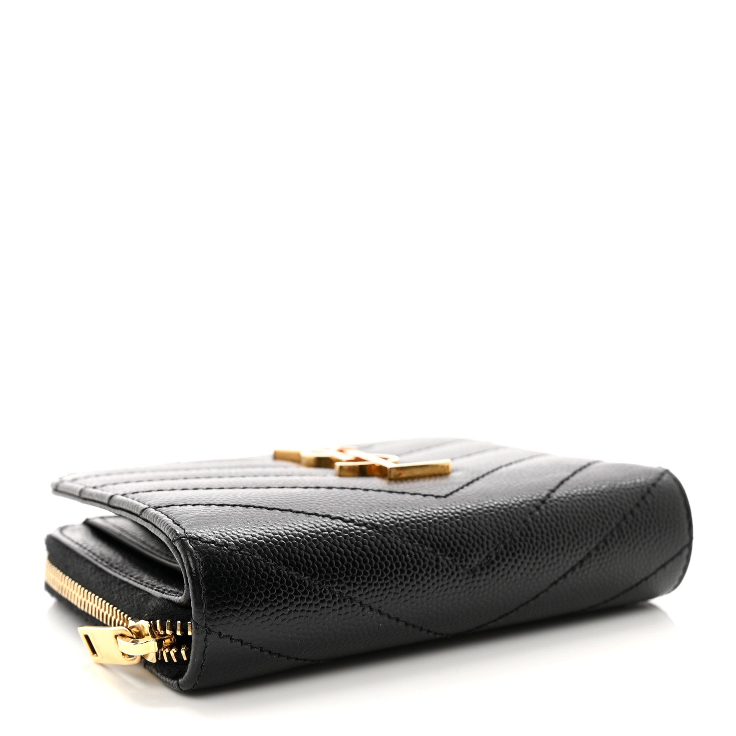 Saint Laurent SAINT LAURENT Grain De Poudre Matelasse Chevron Monogram Compact Zip Around Wallet Black 4 of 8