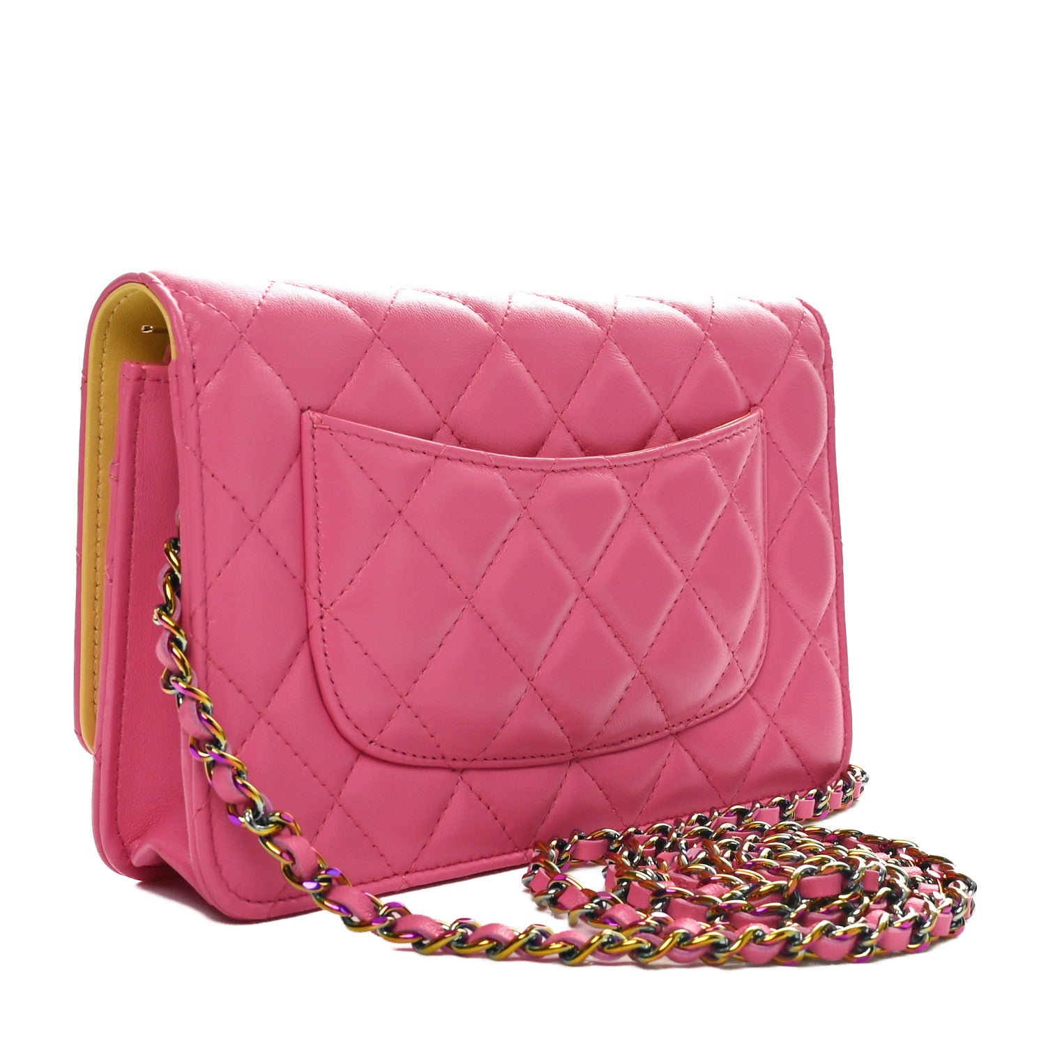 Chanel Lambskin Quilted Wallet On Chain WOC Pink Yellow 3 of 12