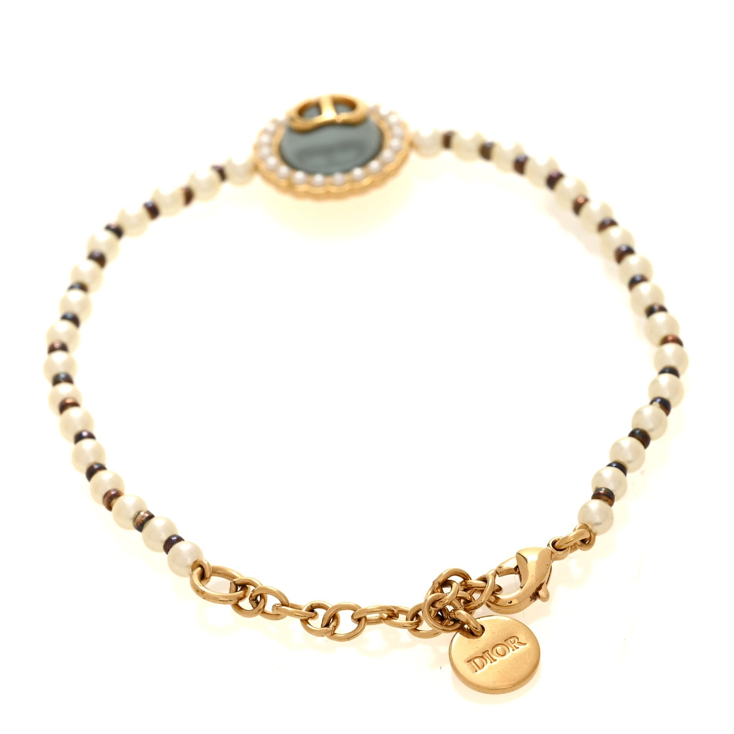 Christian Dior Pearl Glass Petit CD Baroque Bracelet Gold Blue 3 of 4