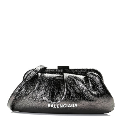 Balenciaga Metallic Textured Calfskin Logo Cloud Clutch XS Black 1 of 8