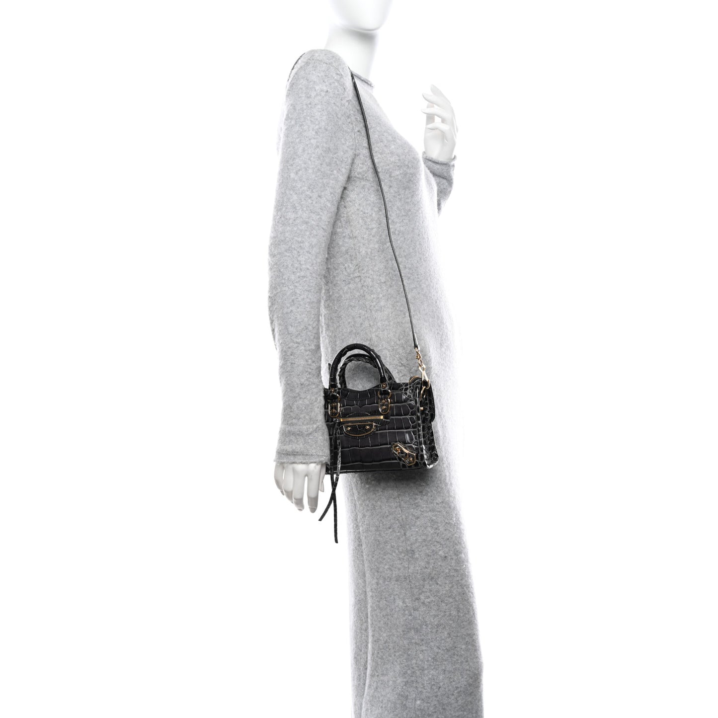 Calfskin Crocodile Embossed Gold Metallic Edge Hardware Nano City Dark Grey