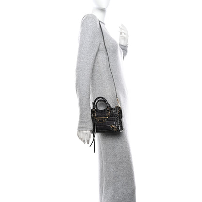 Balenciaga Calfskin Crocodile Embossed Gold Metallic Edge Hardware Nano City Dark Grey 2 of 9