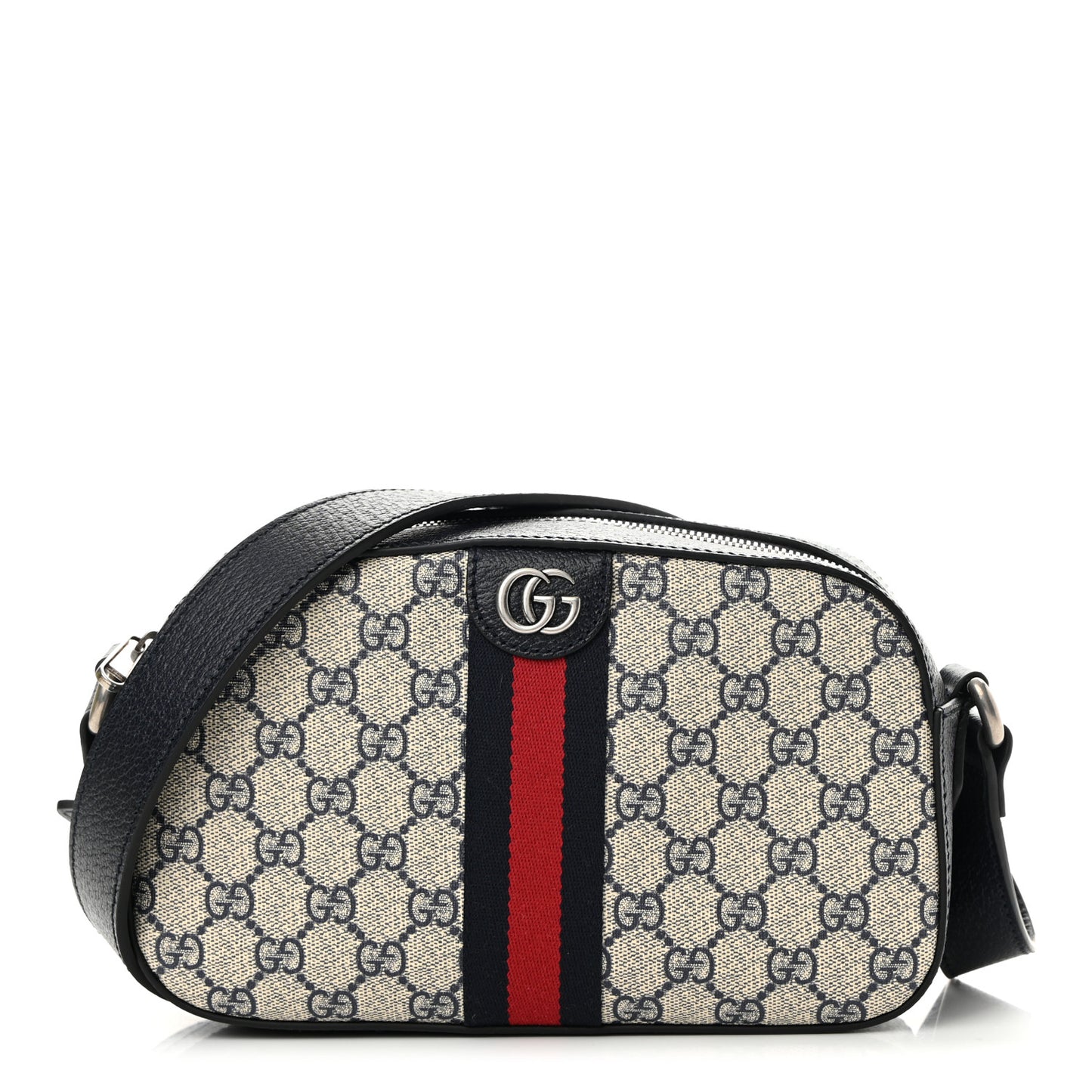 GG Supreme Monogram Textured Dollar Calfskin Web Small Ophidia Camera Bag Beige Blue