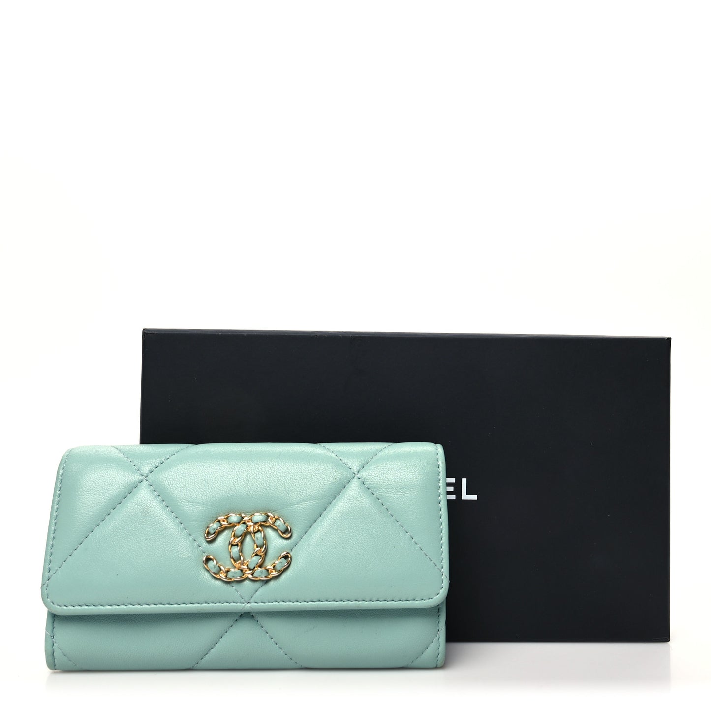 Lambskin Quilted Chanel 19 Flap Wallet Light Blue