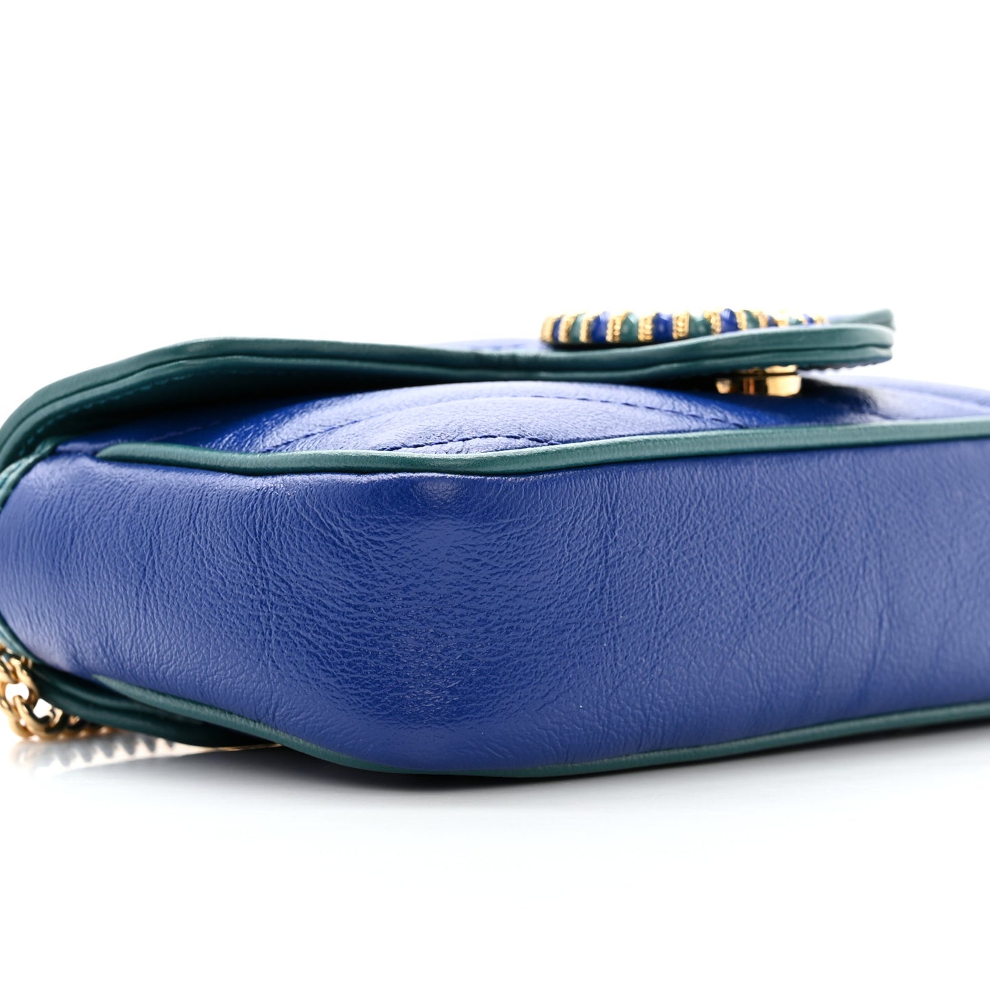 Azalea Calfskin Enamel Matelasse Diagonal Super Mini Torchon GG Marmont Shoulder Bag Imperial Blue Pavone