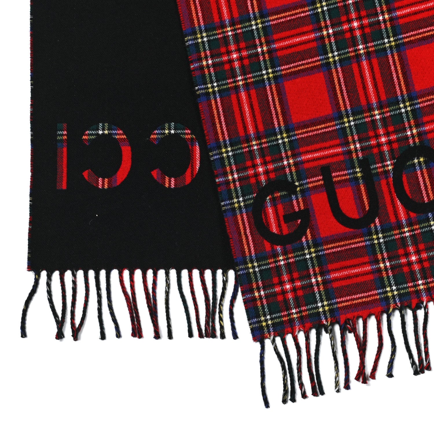 Gucci Cashmere Wool Logo Reversible Tartan Fringe Scarf Red Black 3 of 5