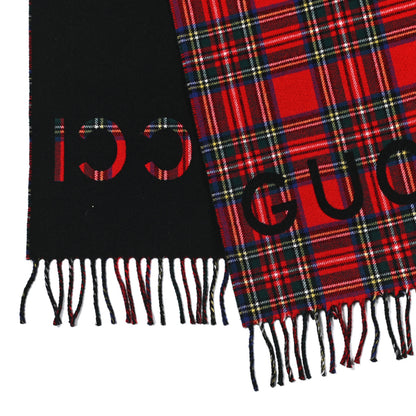 Gucci Cashmere Wool Logo Reversible Tartan Fringe Scarf Red Black 3 of 5