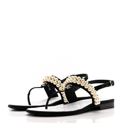 Chanel Grosgrain Pearl CC Sandals 39 Black 3 of 9