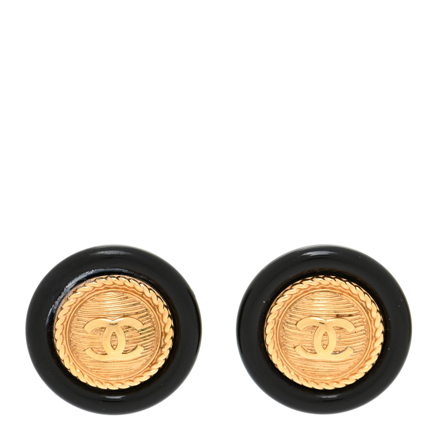 Chanel Resin CC Button Earrings Gold Black 1 of 8