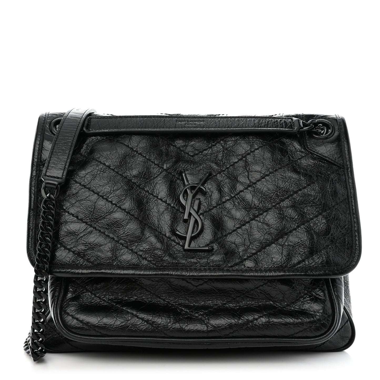 Crinkled Calfskin Matelasse Monogram Medium Niki Chain Satchel Black