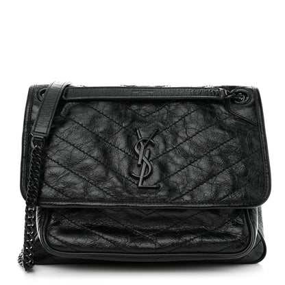 Saint Laurent Crinkled Calfskin Matelasse Monogram Medium Niki Chain Satchel Black 1 of 10
