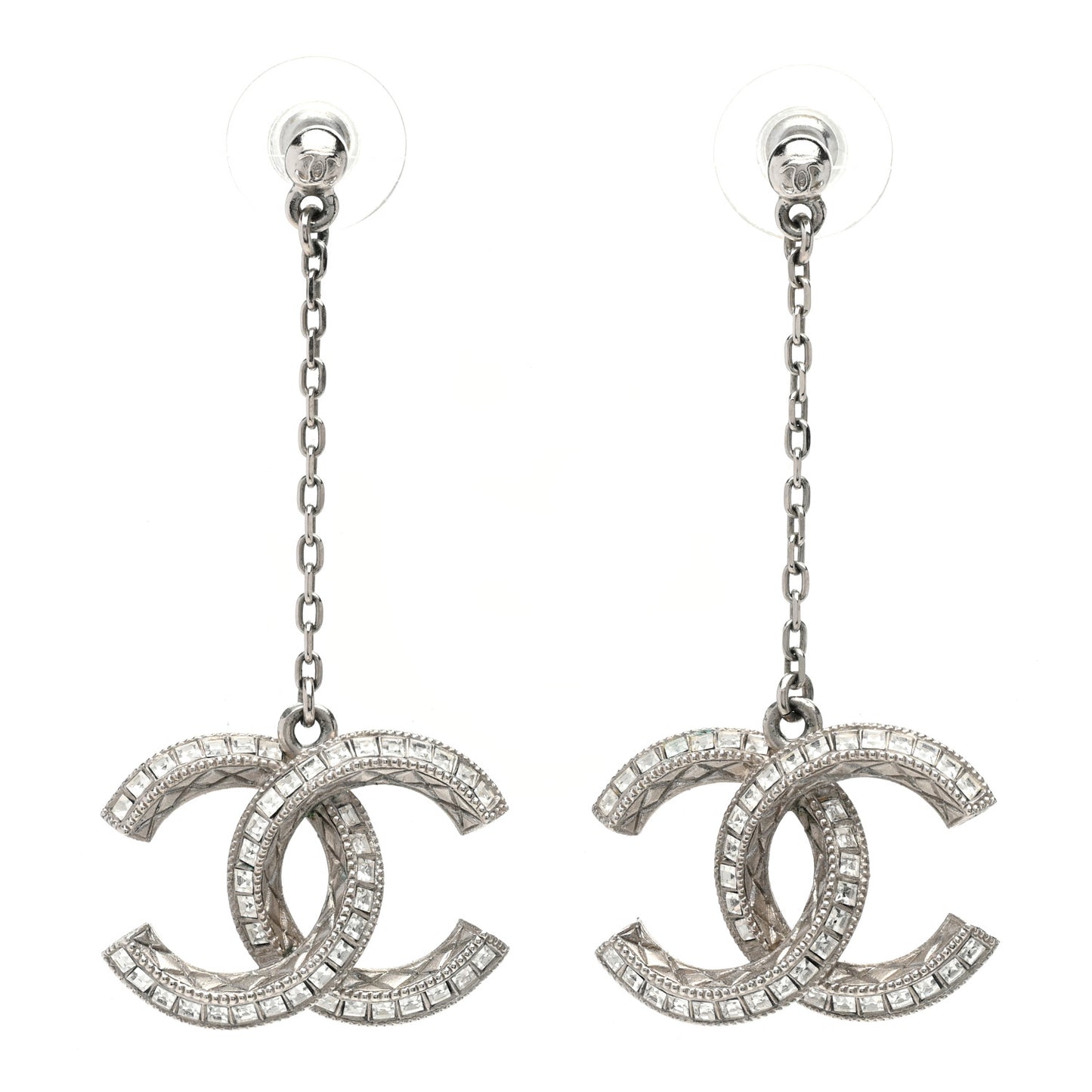 Baguette Crystal Quilted CC Drop Earrings Silver