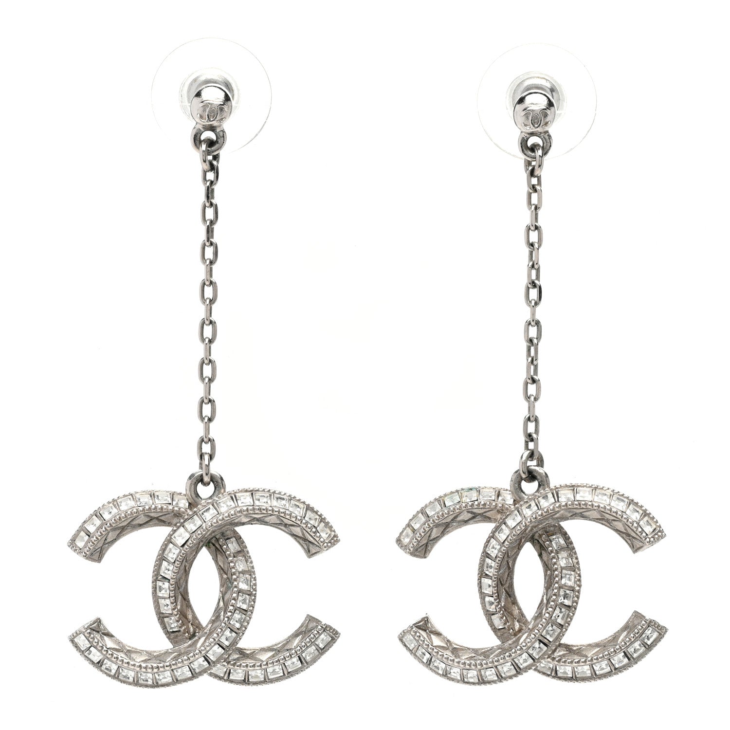 Chanel Baguette Crystal Quilted CC Drop Earrings Silver 1 of 6