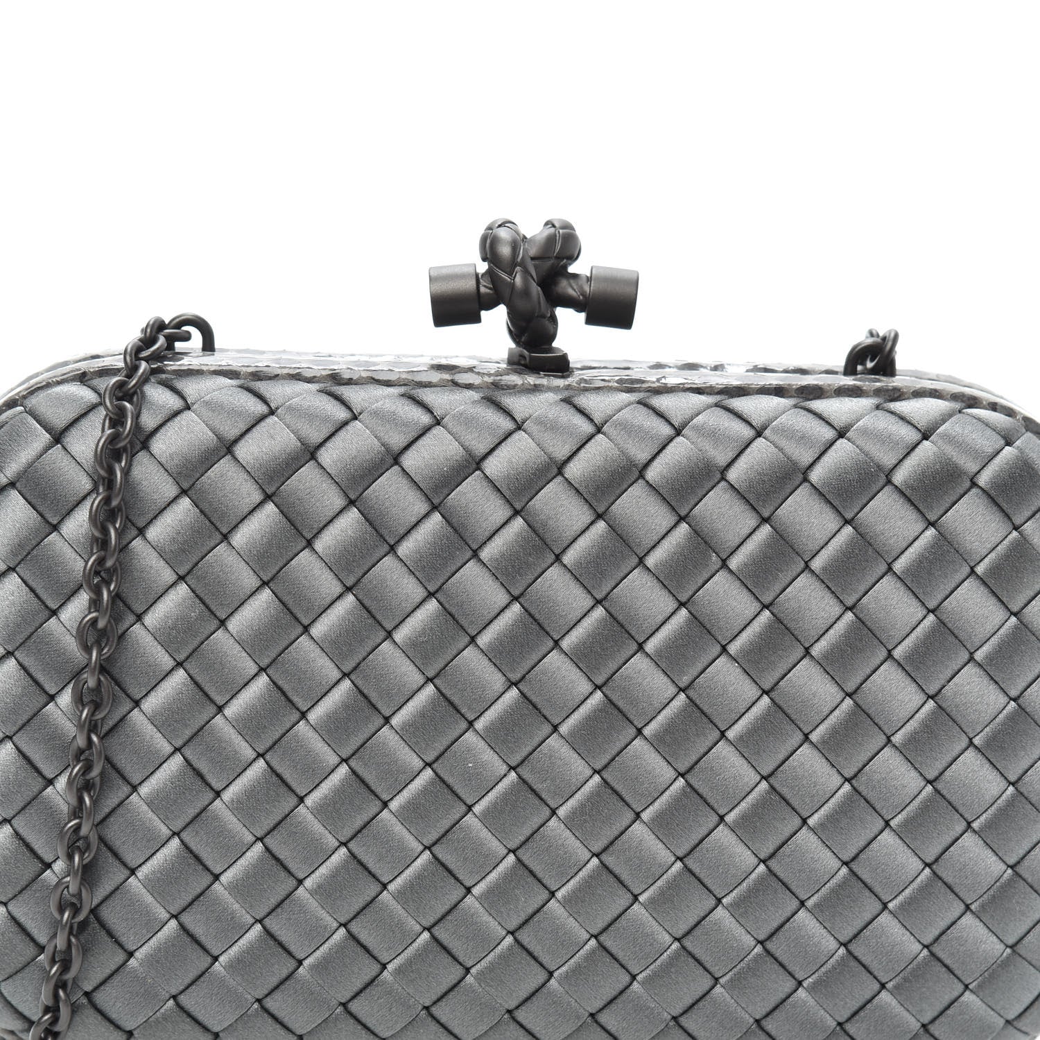 Bottega Veneta Satin Ayers Intrecciato Chain Knot Clutch Grey 7 of 9
