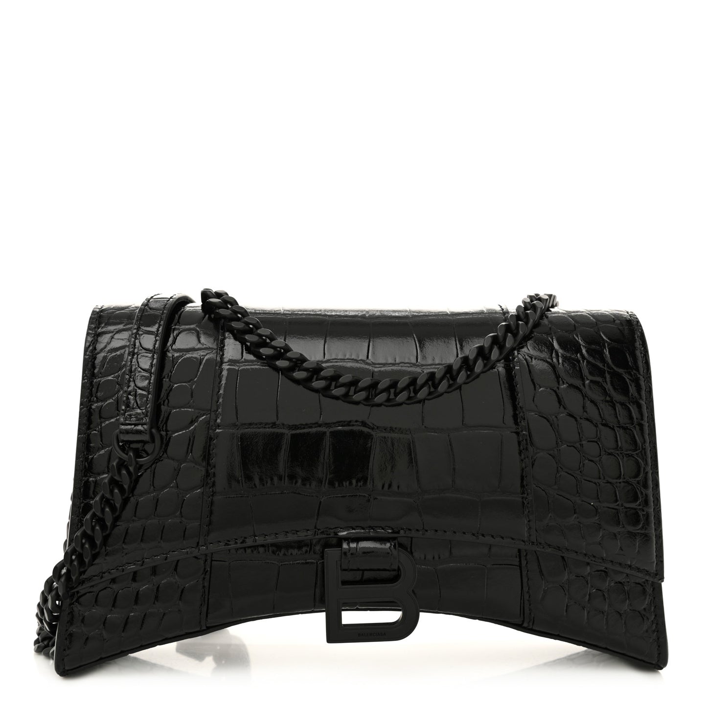 Shiny Calfskin Monochrome Crocodile Embossed Hourglass Chain Bag Black