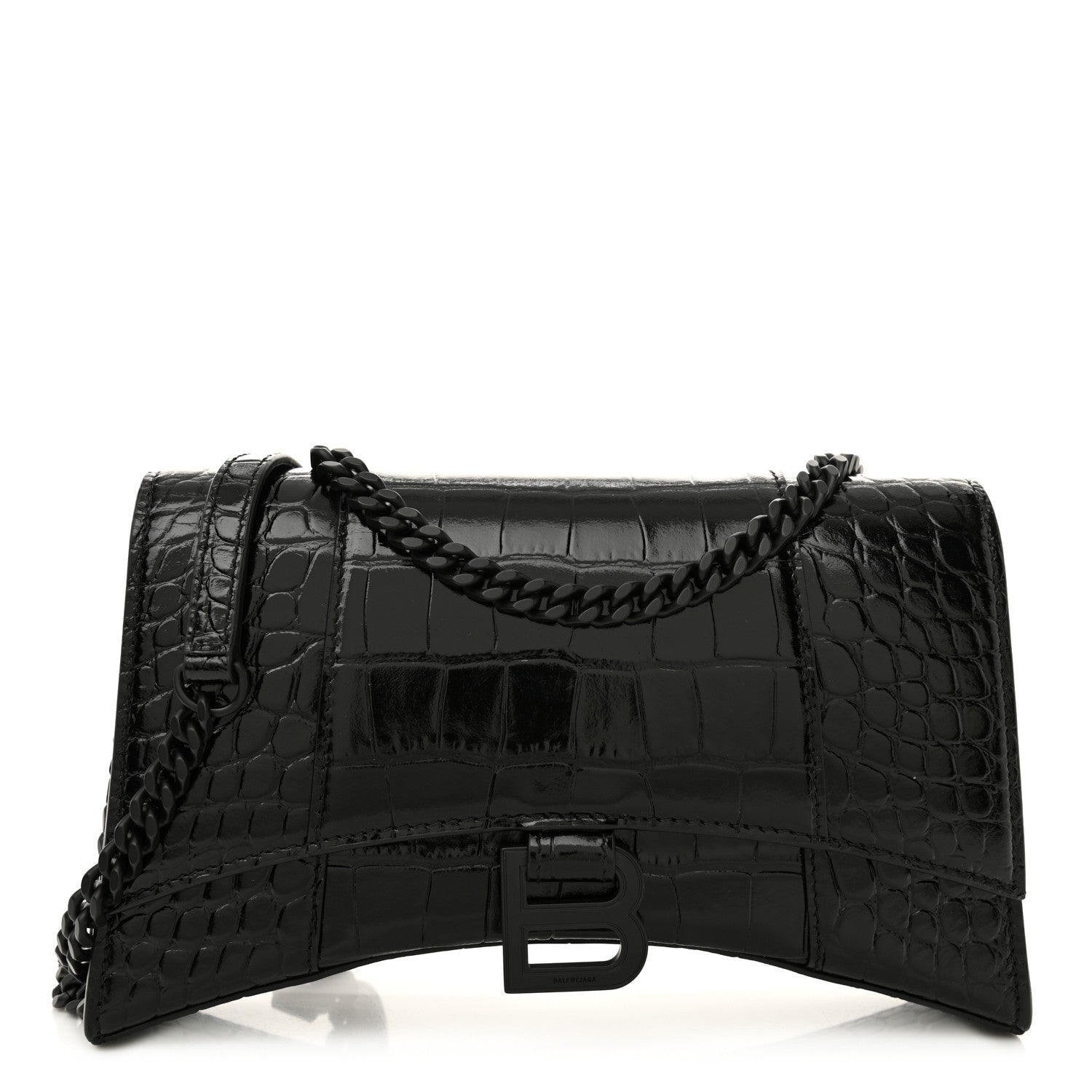 Balenciaga Shiny Calfskin Monochrome Crocodile Embossed Hourglass Chain Bag Black 1 of 9