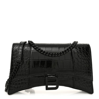 Balenciaga Shiny Calfskin Monochrome Crocodile Embossed Hourglass Chain Bag Black 1 of 9