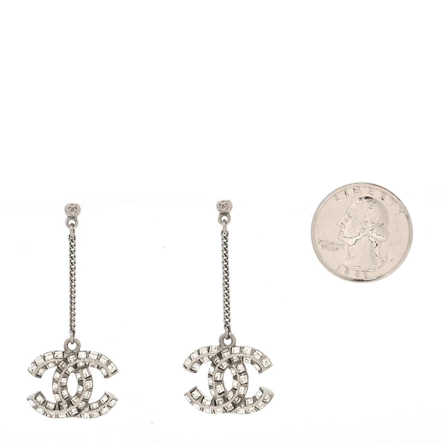 Chanel Baguette Crystal CC Drop Earrings Silver 2 of 3