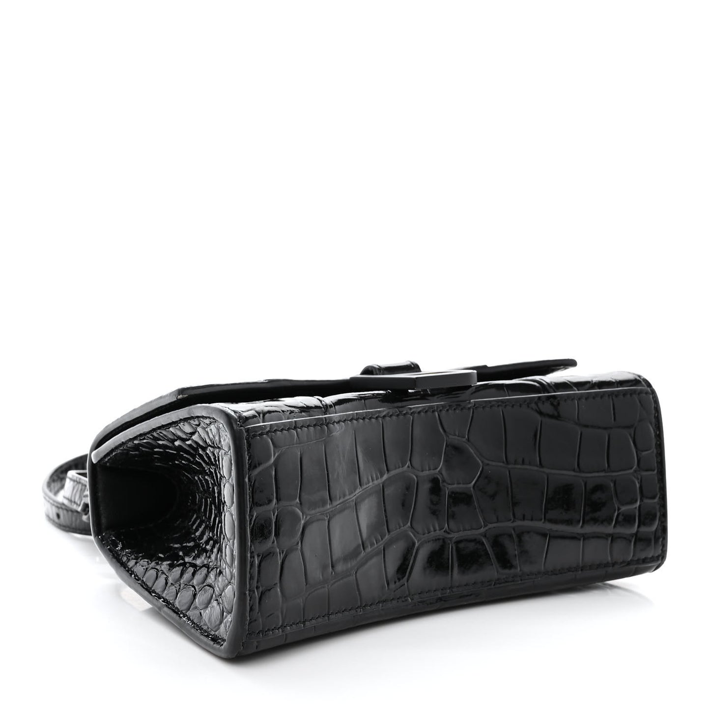 Shiny Calfskin Monochrome Crocodile Embossed Hourglass Top Handle Bag XS Black