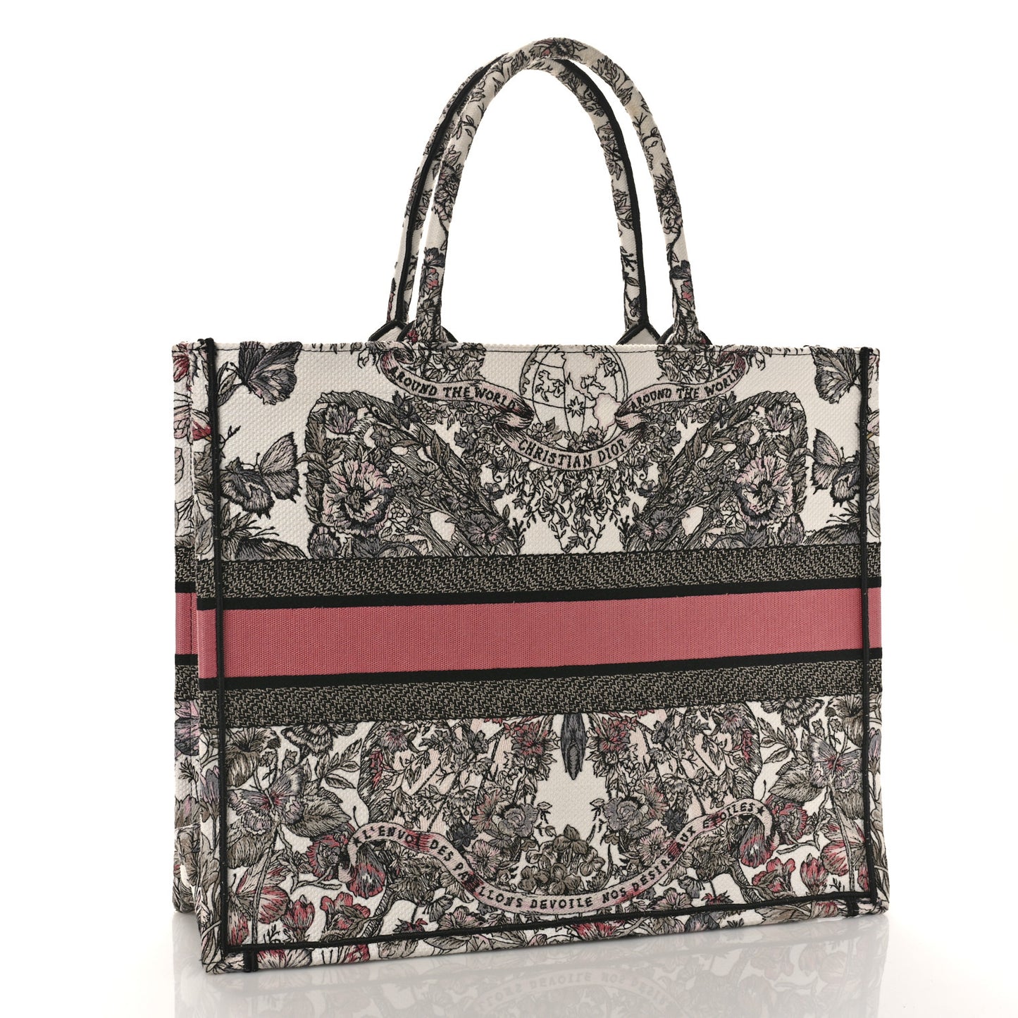 Canvas Embroidered Large Butterfly Around The World Book Tote White Pastel Pink