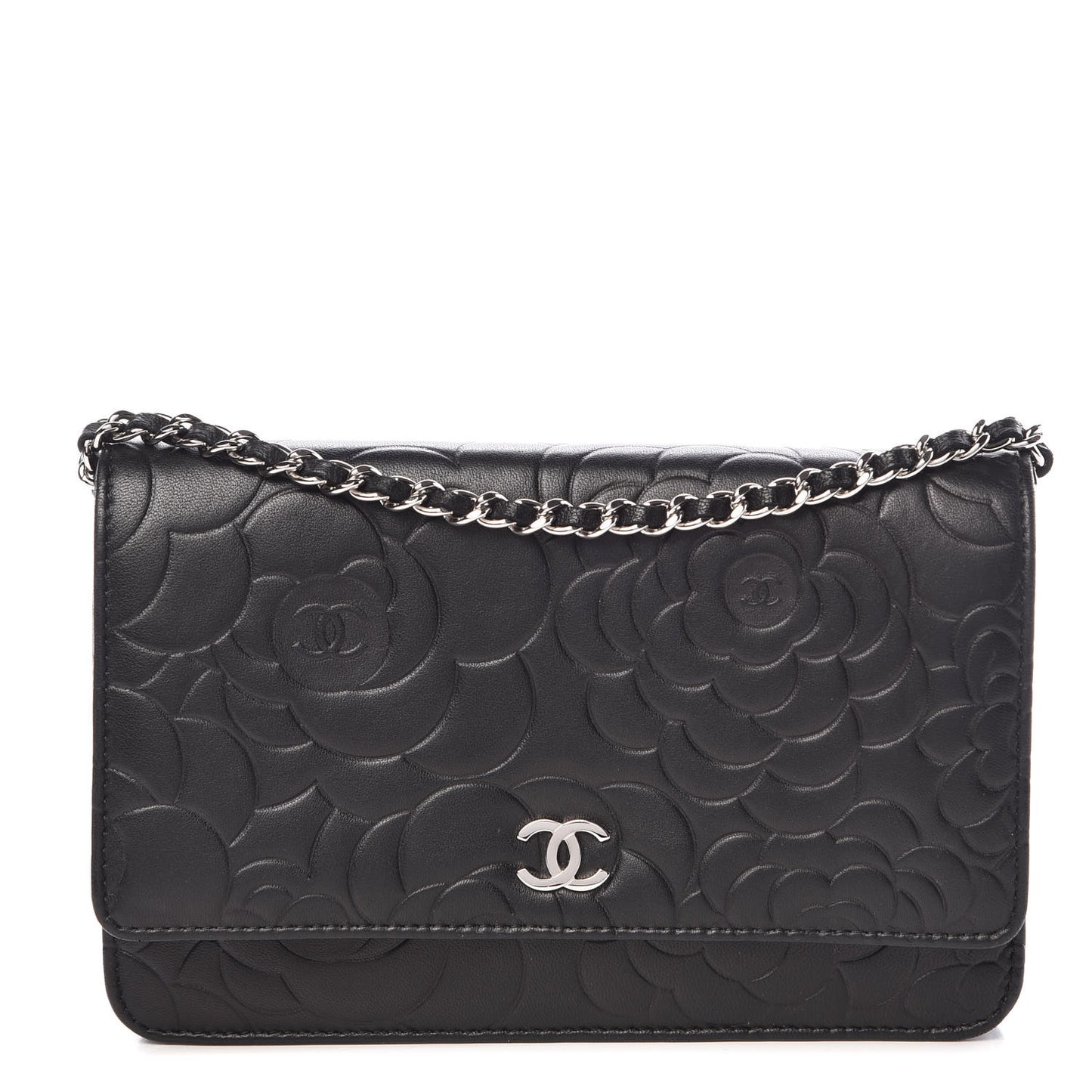 Lambskin Camellia Embossed Wallet On Chain WOC Black
