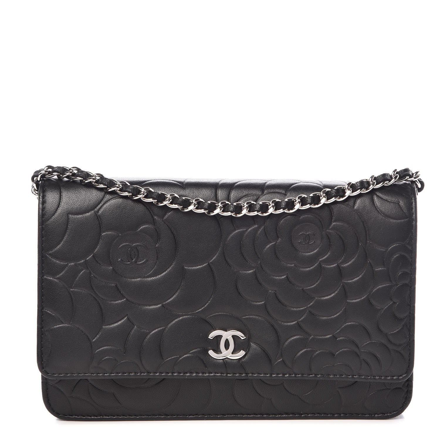 Chanel Lambskin Camellia Embossed Wallet On Chain WOC Black 1 of 11
