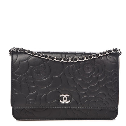 Chanel Lambskin Camellia Embossed Wallet On Chain WOC Black 1 of 11