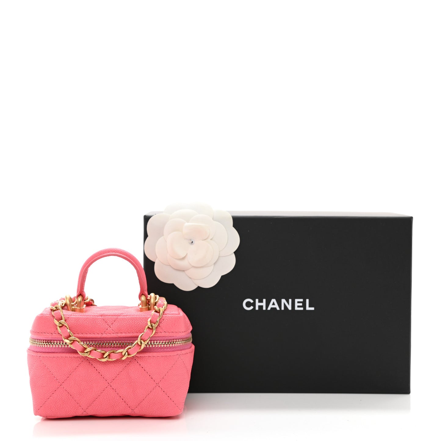 Caviar Quilted Mini Top Handle Vanity With Chain Pink