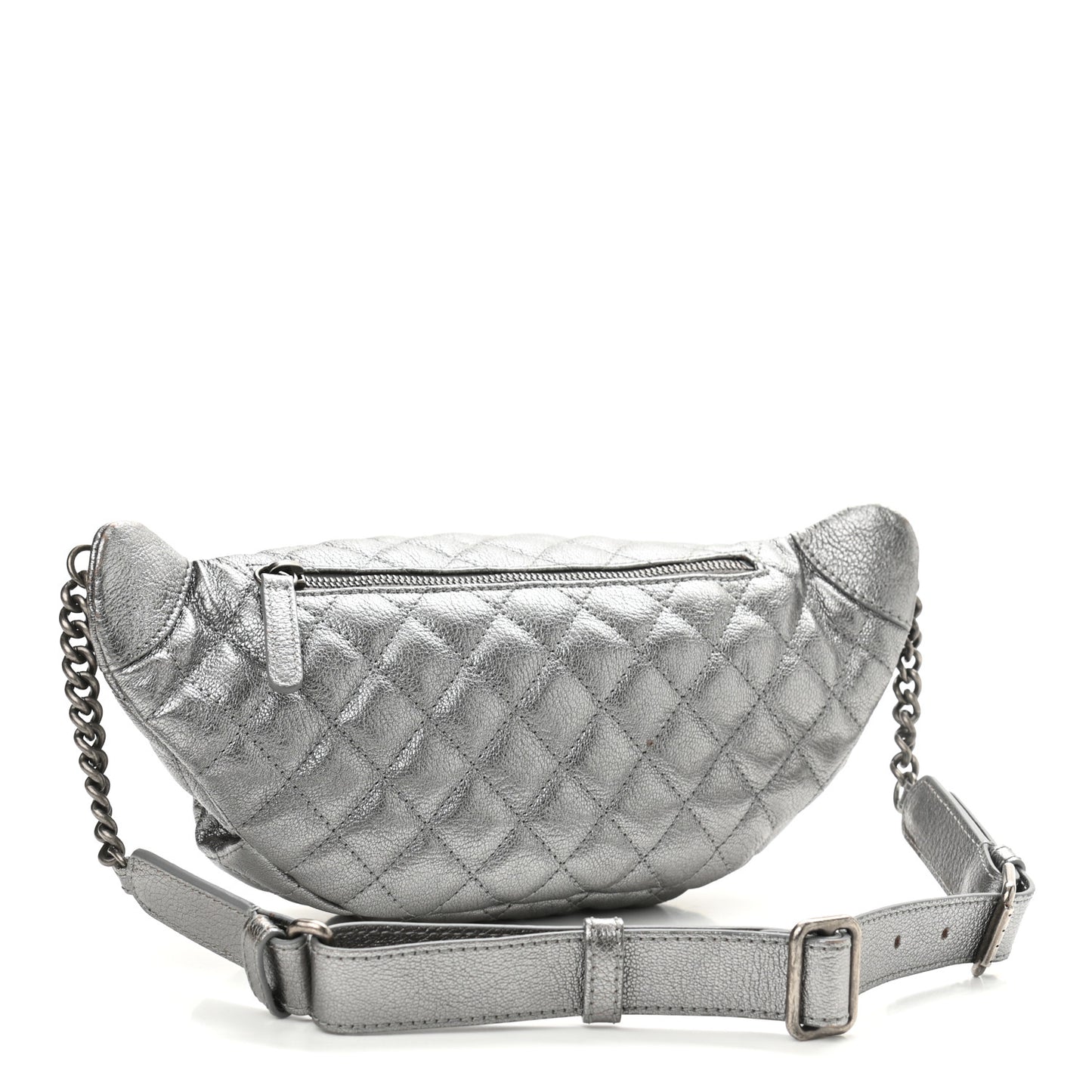 Metallic Calfskin Quilted Banane Waist Bag Fanny Pack Dark Silver