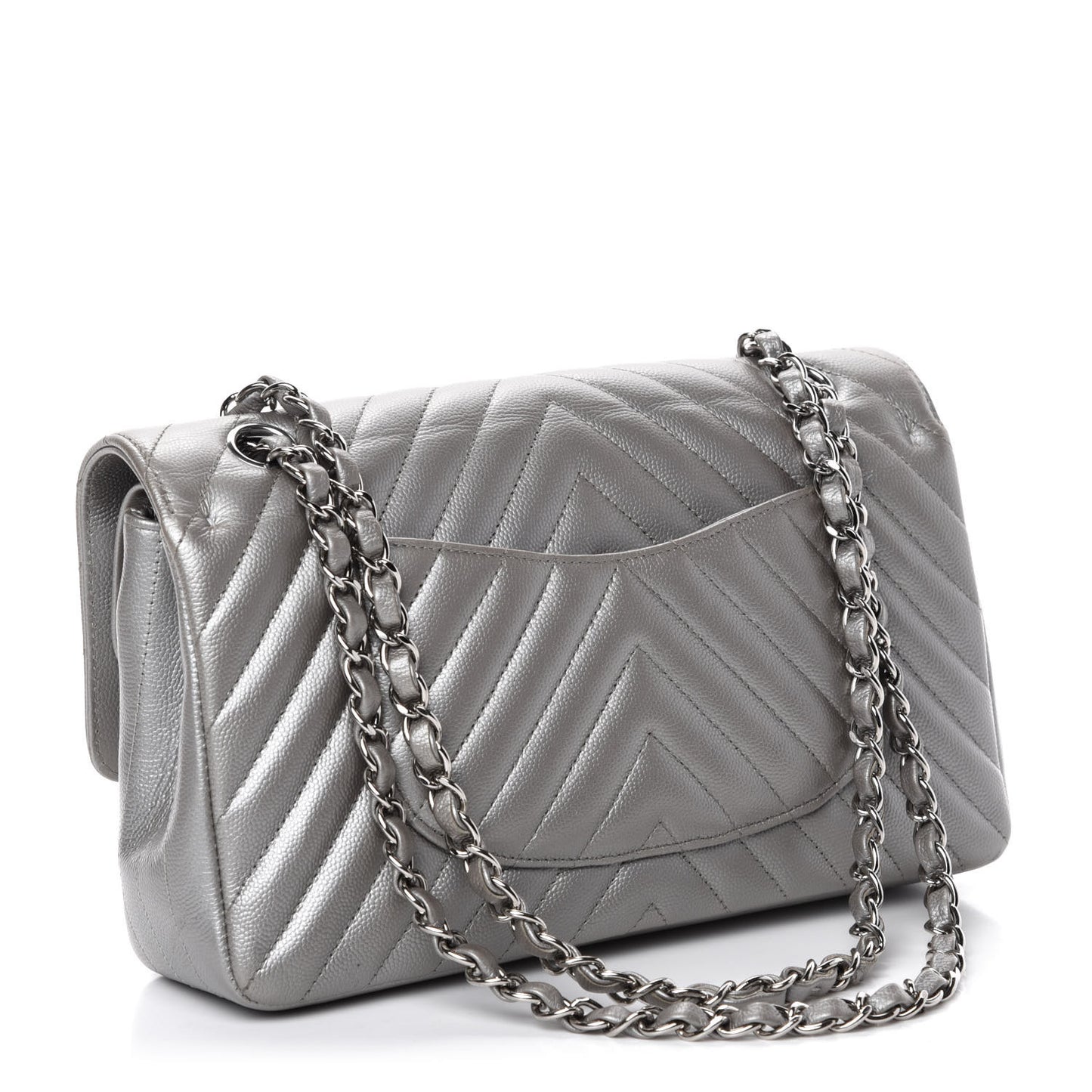 Metallic Caviar Chevron Quilted Medium Double Flap Silver