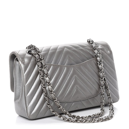 Chanel Metallic Caviar Chevron Quilted Medium Double Flap Silver 3 of 12
