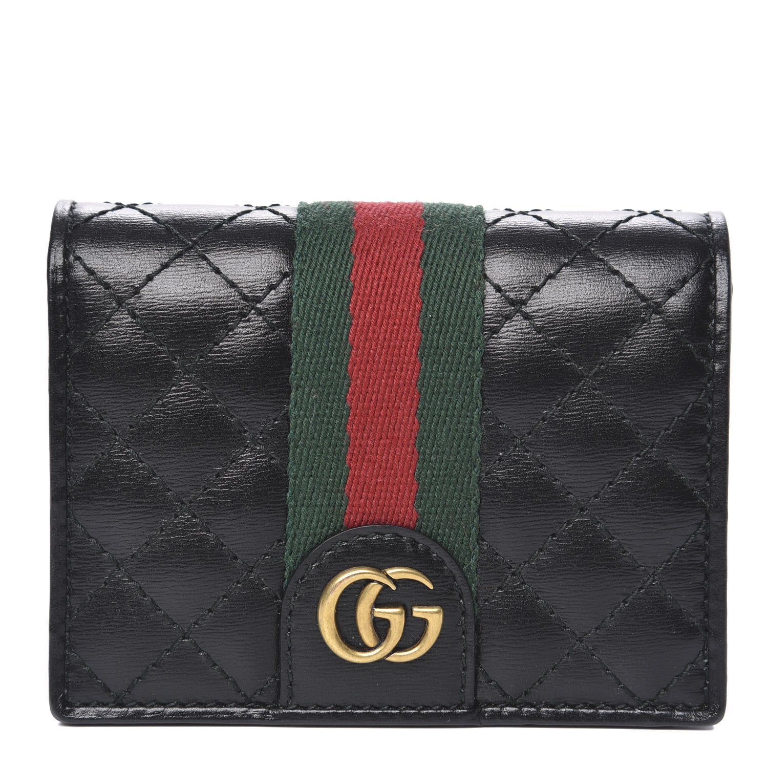 Gucci Calfskin Web Trapuntata GG Marmont Card Case Wallet Black 1 of 9