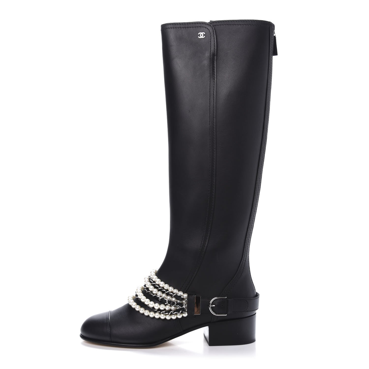 Chanel Calfskin Pearl Cap Toe High Boots 39 Black 1 of 10