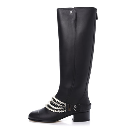 Chanel Calfskin Pearl Cap Toe High Boots 39 Black 1 of 10