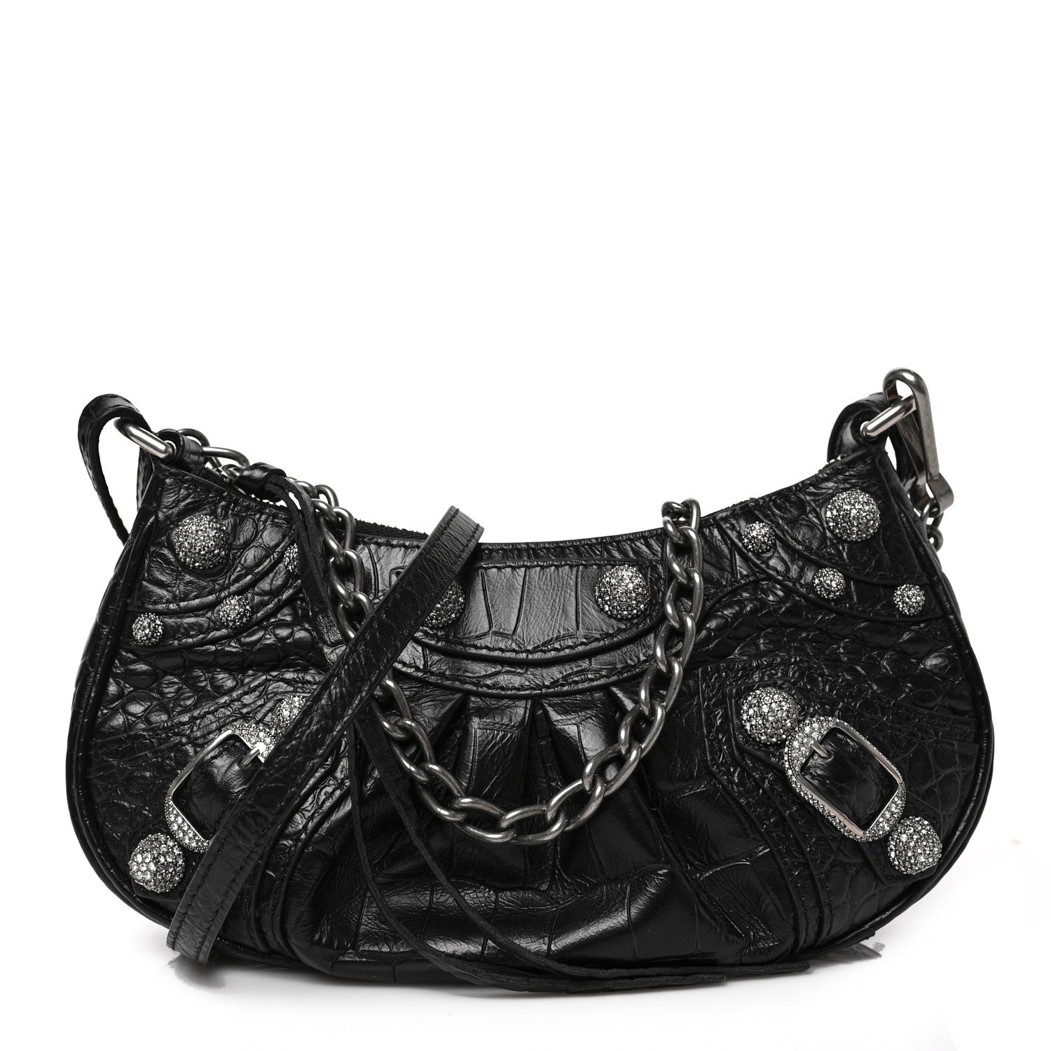 Balenciaga Extra Supple Calfskin Crystal Crocodile Embossed Le Cagole Mini Purse With Chain Black 1 of 8