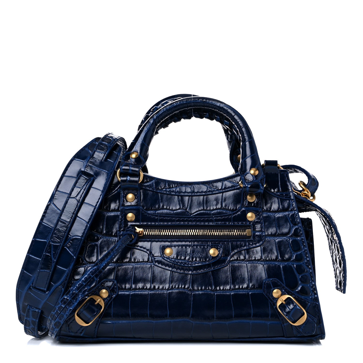 Balenciaga Shiny Supple Calfskin Crocodile Embossed Neo Classic Gold Hardware Mini City Navy 1 of 12