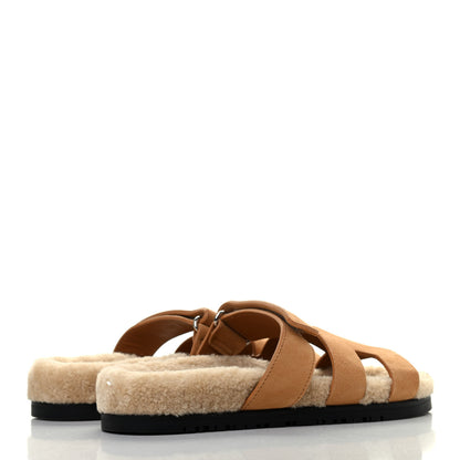 Hermes Suede Goatskin Woolskin Womens Chypre Sandals 37 Golden Beige 3 of 4