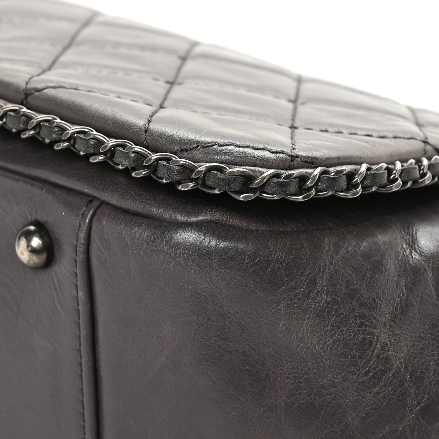 Calfskin Quilted Large CC Enchained Accordion Flap Grey