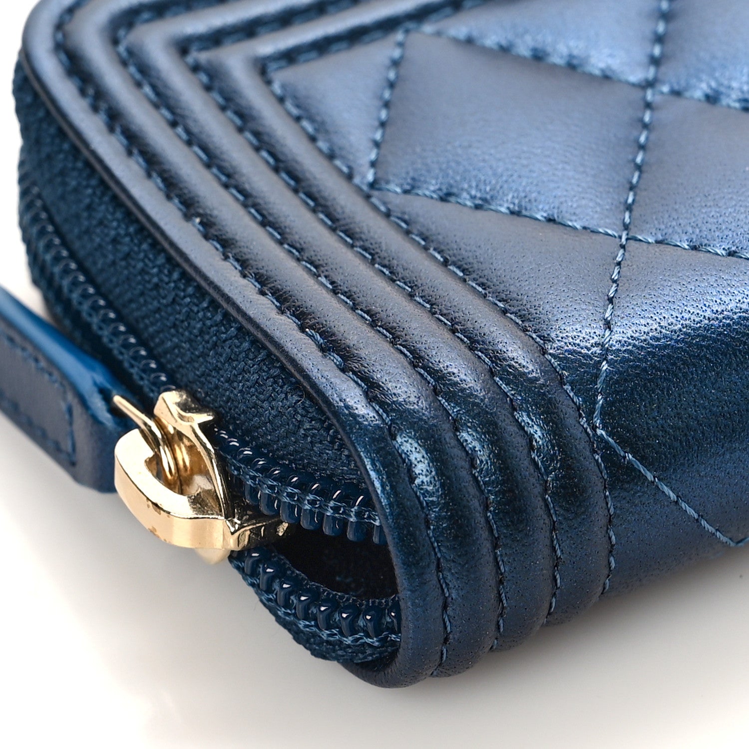 Chanel Metallic Lambskin Quilted Boy Zip Around Coin Purse Wallet Blue 7 of 9
