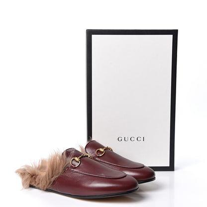 Gucci Malaga Kid Fur Womens Princetown Slippers 37 Vintage Bordeaux Naturale 9 of 9
