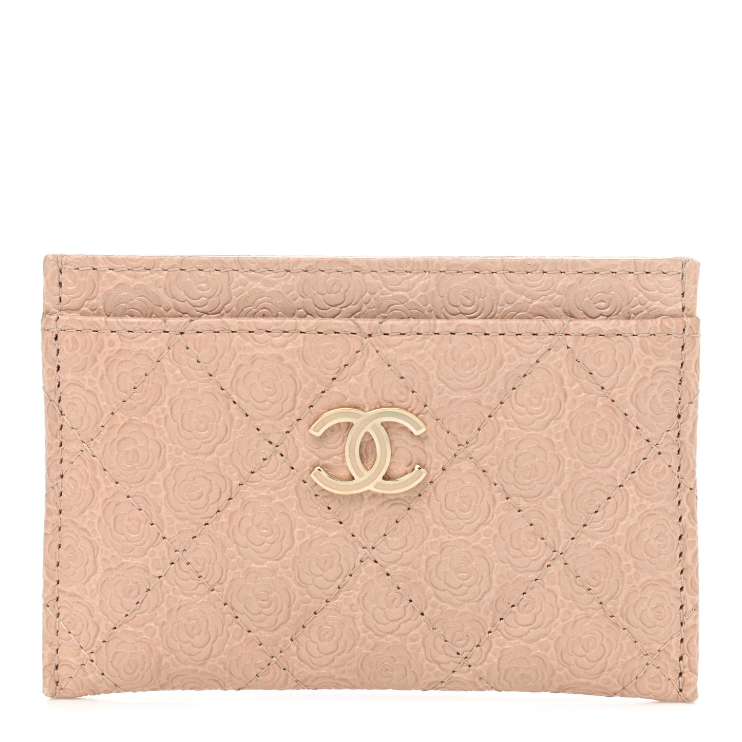 Camellia Calfskin Embossed Quilted Card Holder Beige